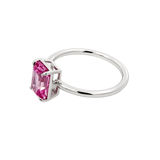 2 ct emerald-cut pink lab-grown sapphire ring, angled view