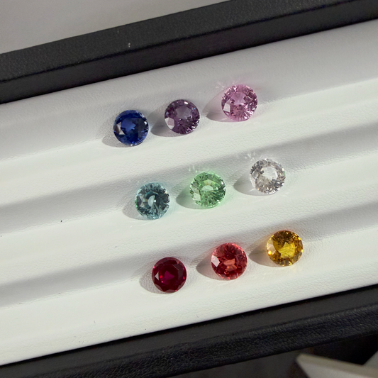 The full colour spectrum of lab-grown sapphires available at SilviQ Atelier, from classic blue to padparadscha
