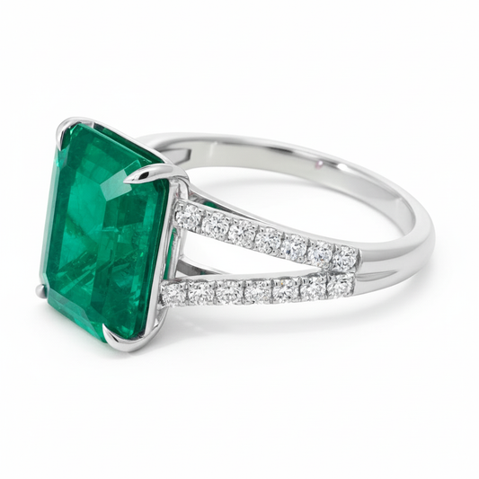 3.5 ct emerald-cut lab-grown emerald cocktail ring with split shank, angled view