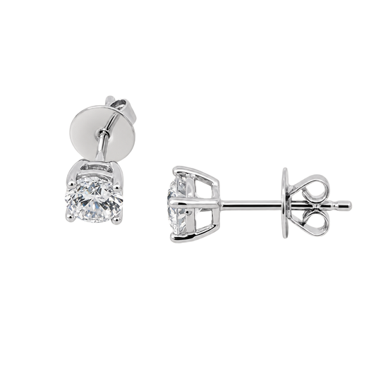 0.50 ct moissanite stud earrings in four-prong basket setting, side view showing posts and backs